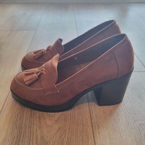 MIA Warm Brown Suede Tassel Heeled Platform Loafers Courts - Picture 4 of 5